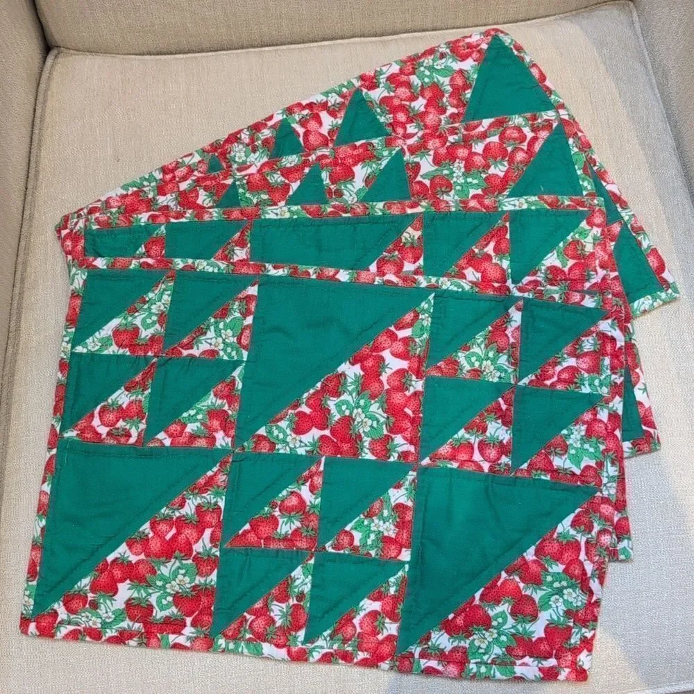 Vintage Hand Stitched Quilted Strawberry Placemats Set of 4